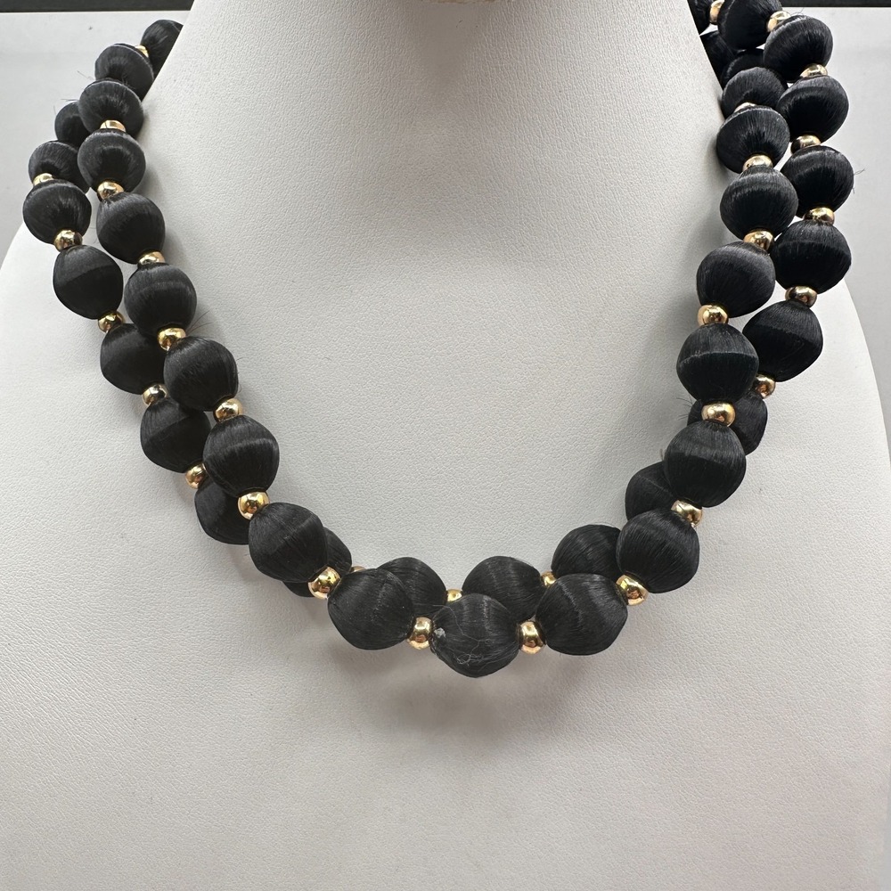 Vintage 80s Double Strand Black Silk Bead Jewelry Gold Tone Boho